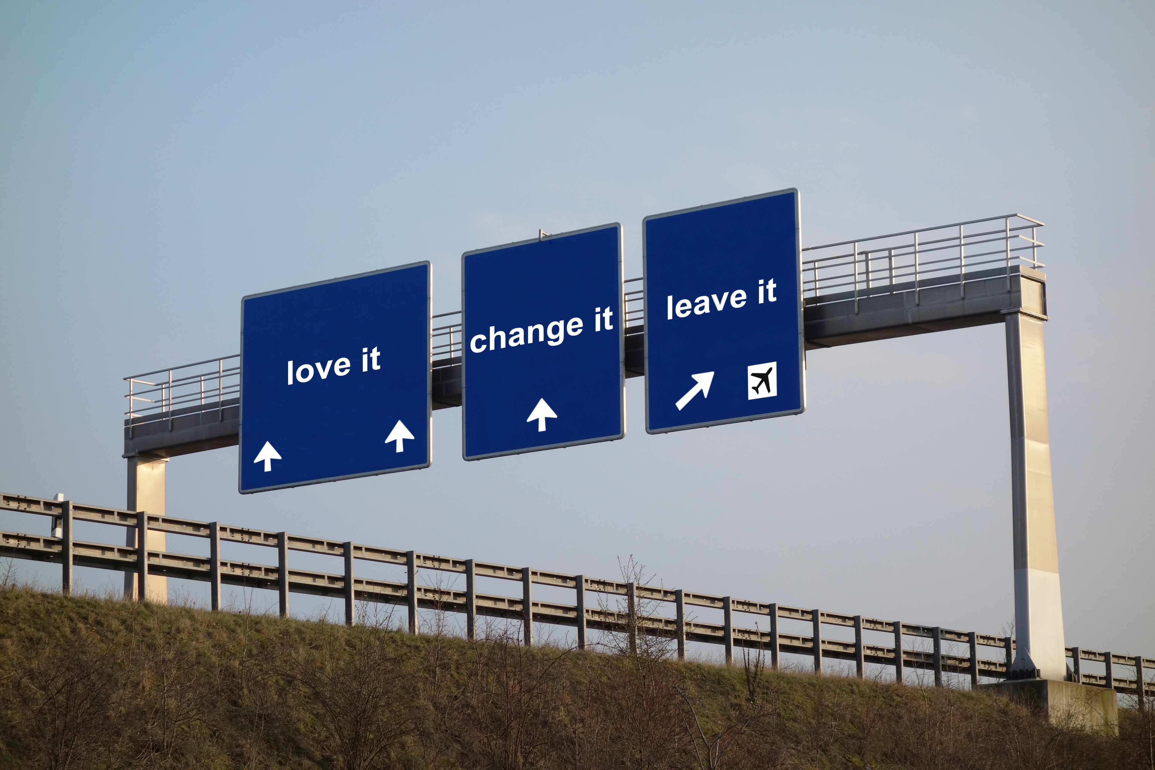 A photo of road signs showing we have the choice to love, change or leave situations.