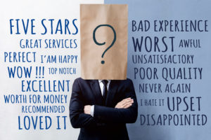 Picture of man with bag over his head and lists of things that add or subtract to your reputation.